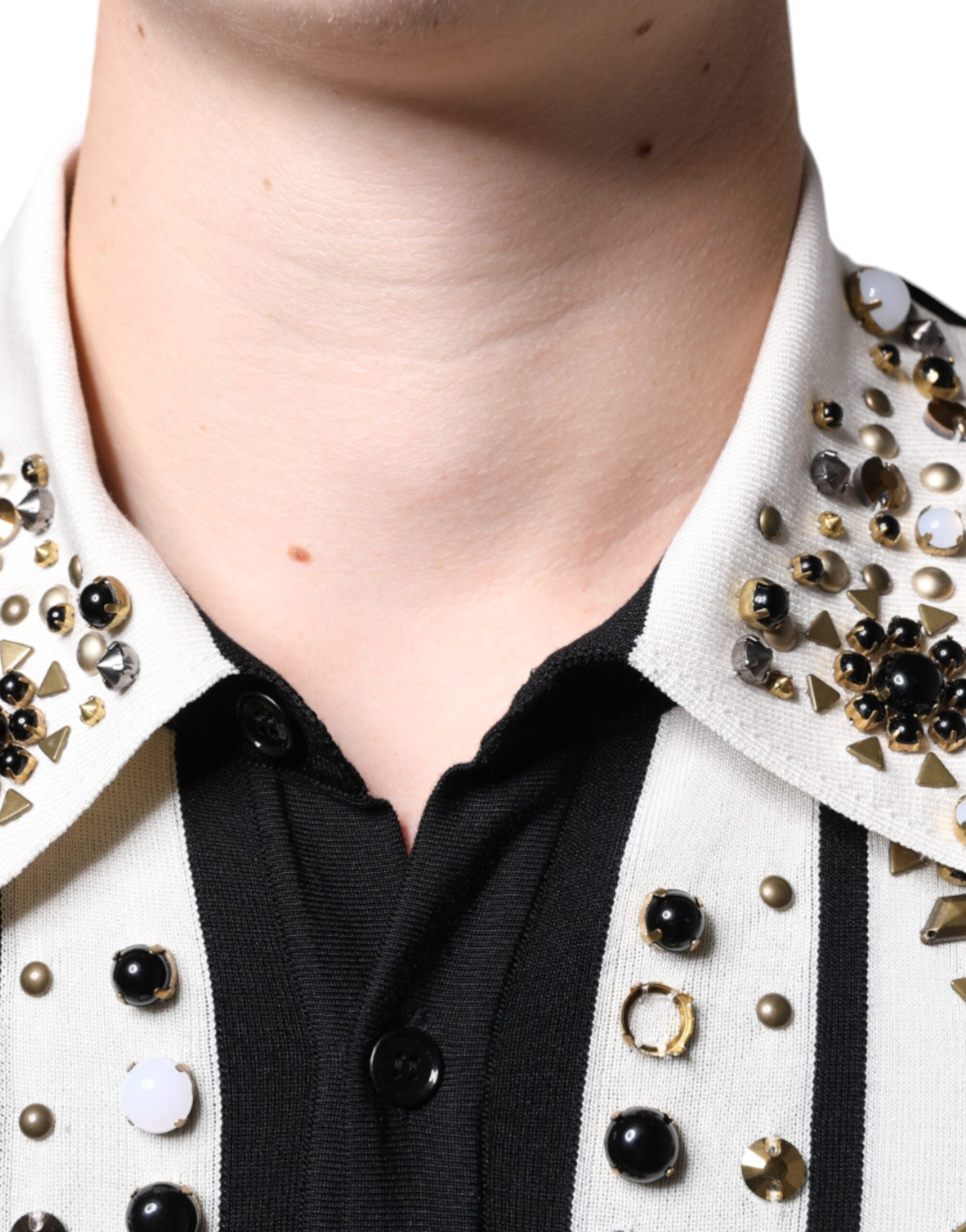 Dolce & Gabbana Beyaz Siyah İpek Gömlek, Çivili ve Taş Kristalli